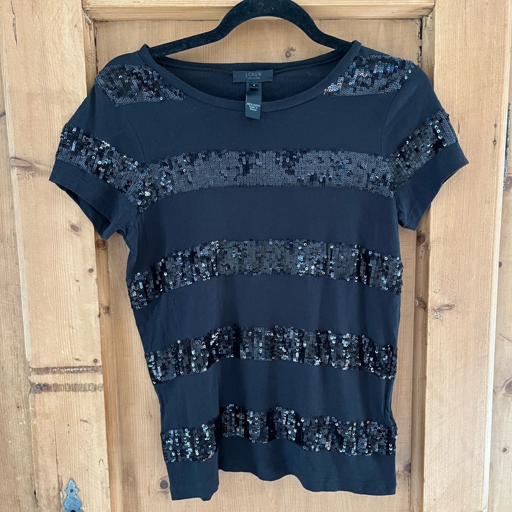 J. Crew Black Short Sleeve Sequin Stripe Tee